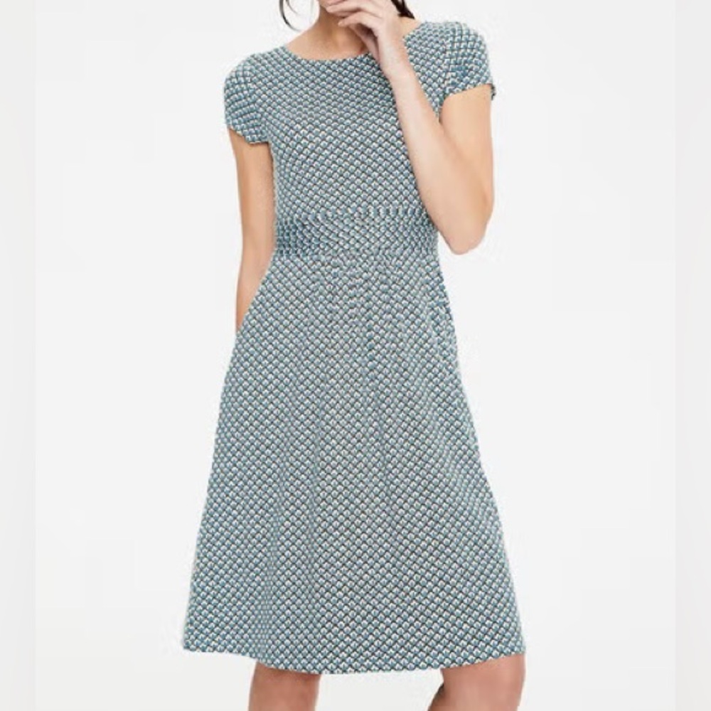 Boden Amelia Blue White Geometric Jersey Dress with Pockets M Medium